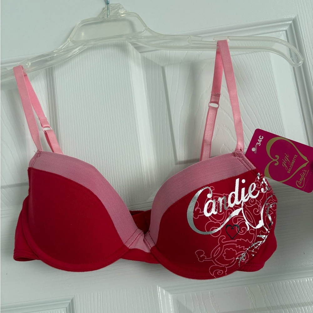 NWT VINTAGE Y2K 90S CANDIE’S GIGI BALCONETTE SIZE 34C PINK RED GRAPHIC LOGO BRA